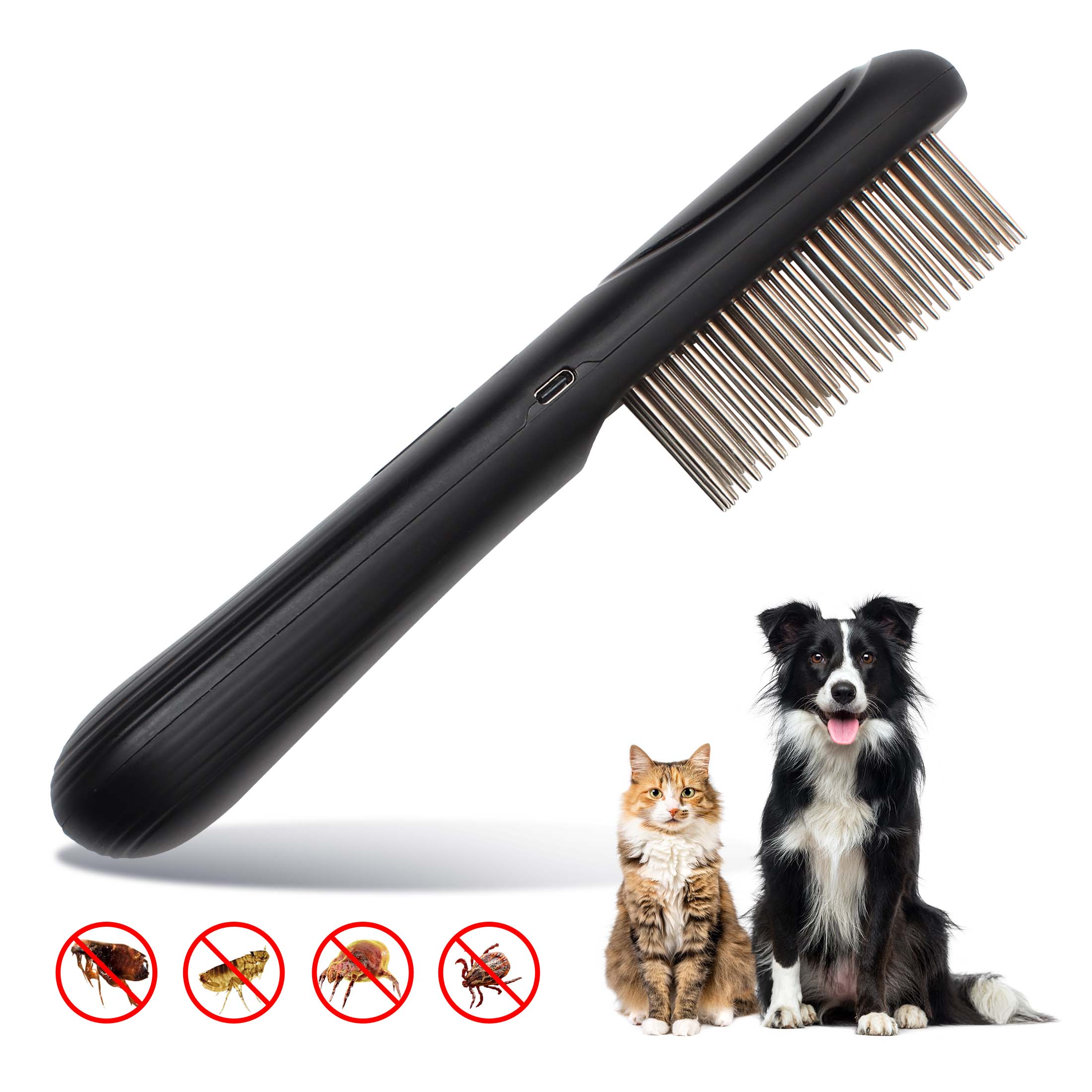 Petjoy Electric Flea Comb for Dogs & Cats with Long Hair，Flea Brush for Dogs-3-Row Stainless Steel Detection Tool with Manual Cleaning Brush | Electric Negative Ion Grooming Comb ,Black