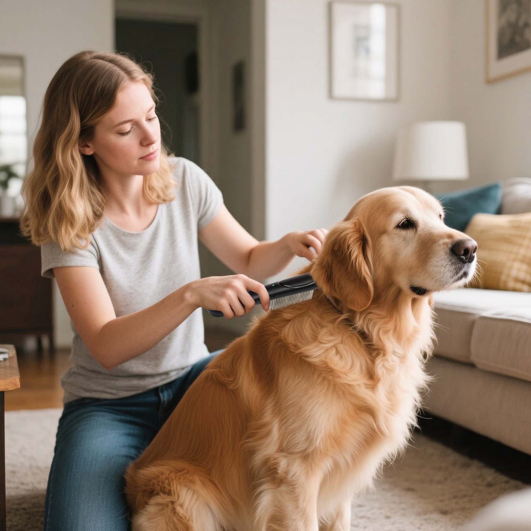 Petjoy Electric Flea Comb for Dogs & Cats with Long Hair，Flea Brush for Dogs-3-Row Stainless Steel Detection Tool with Manual Cleaning Brush | Electric Negative Ion Grooming Comb ,Black