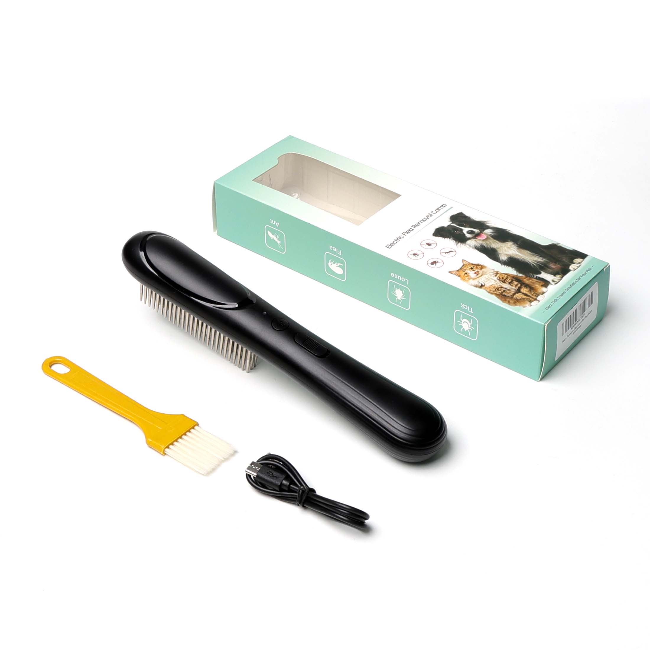 Petjoy Electric Flea Comb for Dogs & Cats with Long Hair，Flea Brush for Dogs-3-Row Stainless Steel Detection Tool with Manual Cleaning Brush | Electric Negative Ion Grooming Comb ,Black
