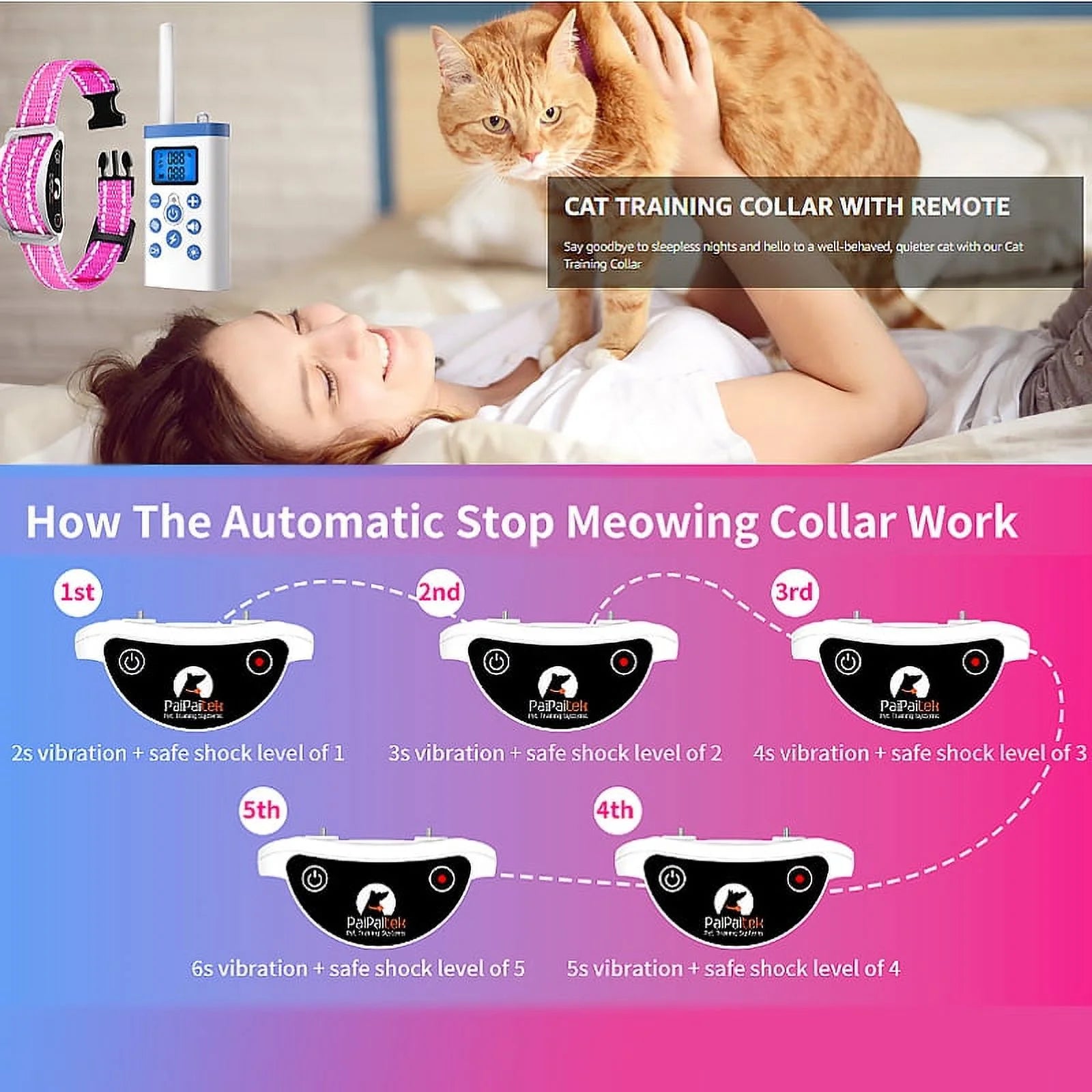 PetJoy Cat Shock Collar with Remote,Cat Training Collar for Cat,Cat Meow Collar with 2 Modes Remote Training and Auto Anti-Meow,Safe and Helpful,Pink