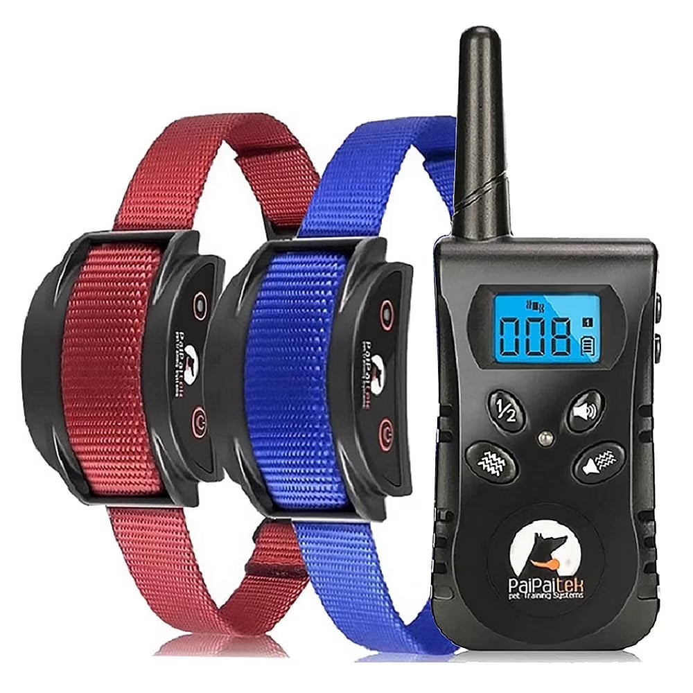 Petjoy Dog Shock Collar for 2 Dogs,Dog Training Collar with Remote,Rechargeable&Waterproof Vibration Dog Collar with Remote,1600Ft Range Dog Bark Collar for Small Medium Large Dog,Blue&Red Nylon