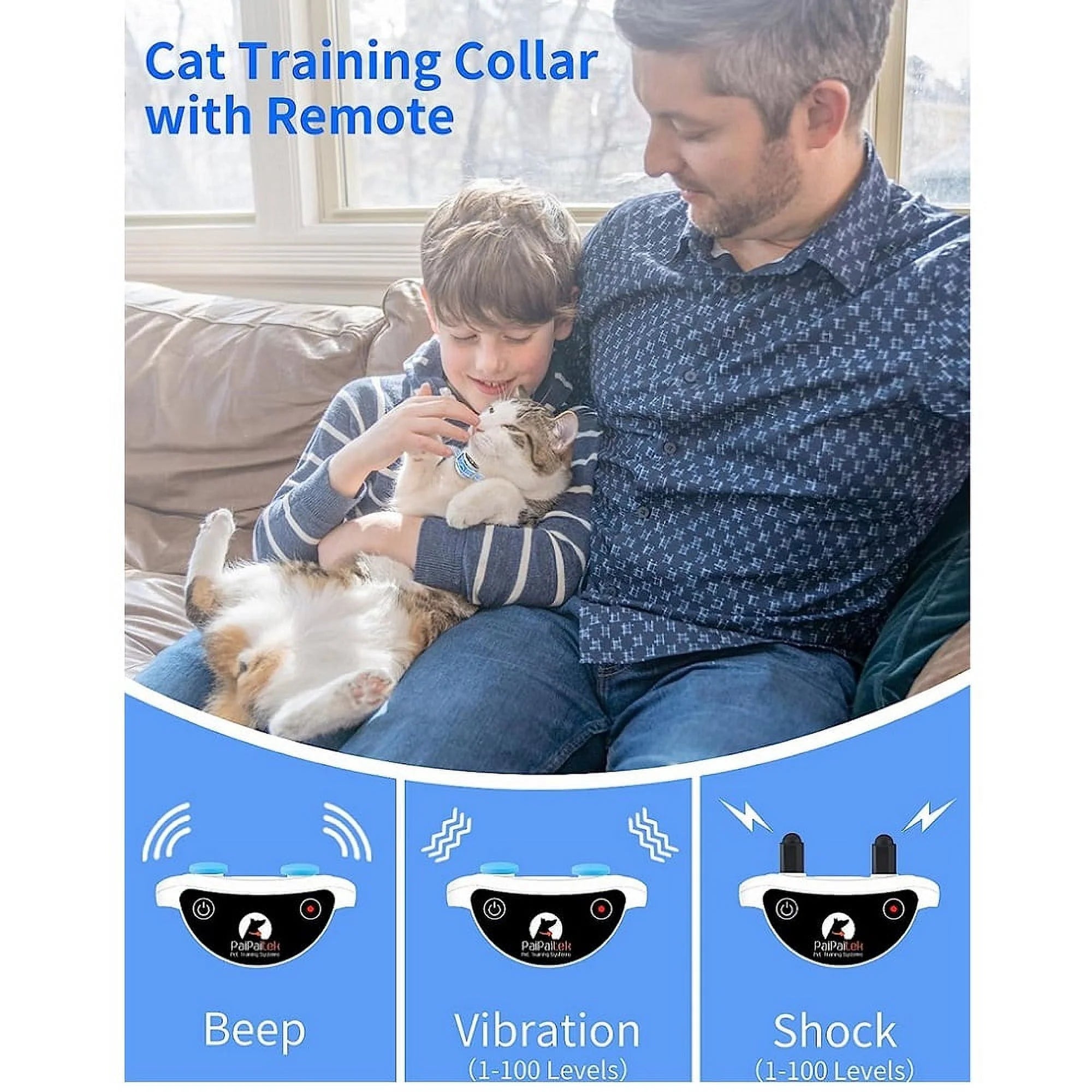 PetJoy Cat Training Collar,Cat Shock Collar with Remote Training Cat Stop Meowing,Remote Control/Automatic Anti-Meow for Cats,Safe and Effective,Blue