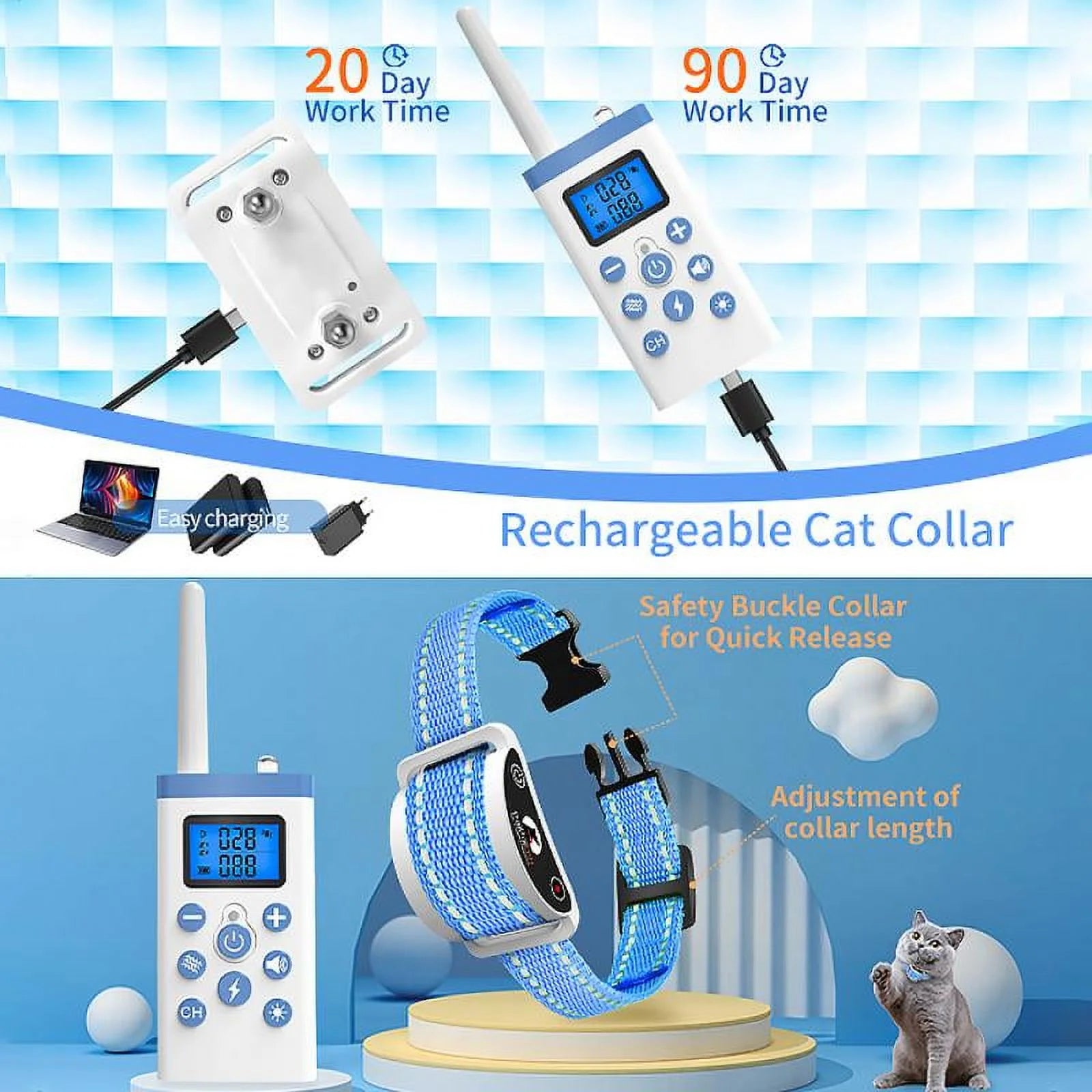 PetJoy Cat Training Collar,Cat Shock Collar with Remote Training Cat Stop Meowing,Remote Control/Automatic Anti-Meow for Cats,Safe and Effective,Blue